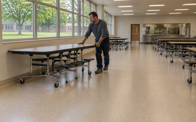 A seamless resin floor in an Elmhurst school cafeteria being set back up after a summer coating job.