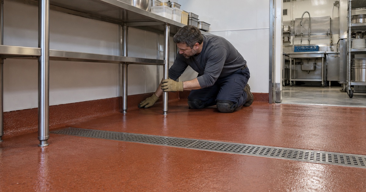 A slip-resistant urethane cement floor with a 3/8-inch cove under the prep tables of a downtown Elmhurst restaurant kitchen.