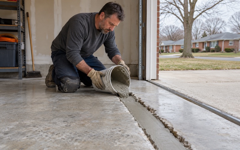 A spalled control joint at an Elmhurst garage door being filled flush with repair mortar before the floor is coated.