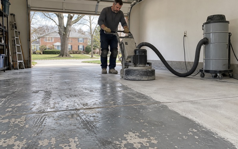 A planetary grinder taking old paint off an Elmhurst Georgian's garage slab, the dust drawn straight into the extractor.