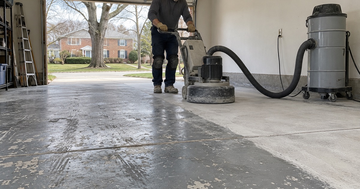 A planetary grinder taking old paint off an Elmhurst Georgian’s garage slab, the dust drawn straight into the extractor.