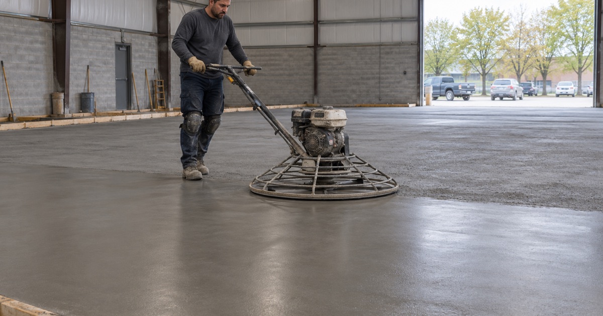 A new indoor concrete slab being power troweled to a hard finish at a Bellwood training center, the kind of finish a coating must later be ground to grip.
