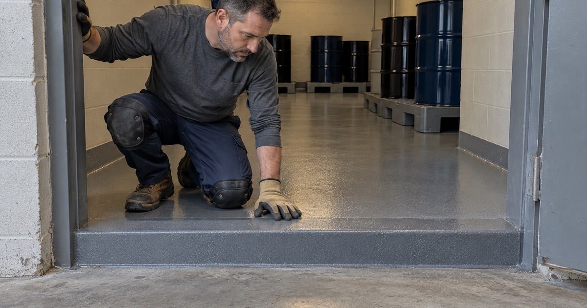 The 4-inch raised sill and coved wall joint of a flammable-liquid storage room floor at a Bensenville solvent recycler.