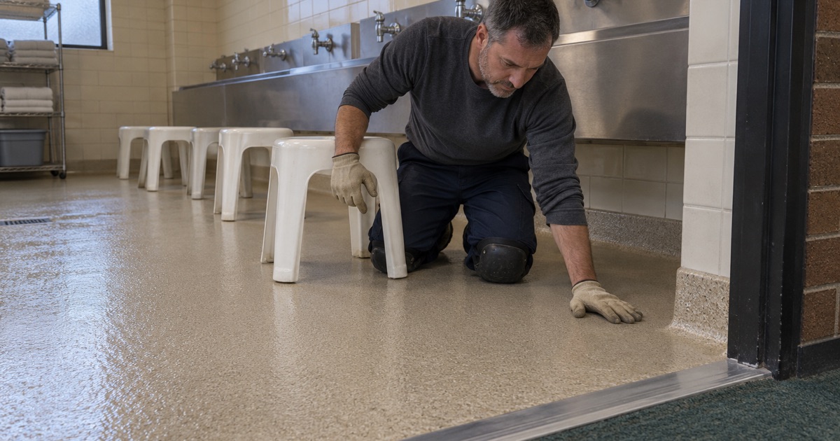 A textured, slip-resistant resin floor in a Bridgeview washing room, the wet zone ending at a clear line before the carpet.