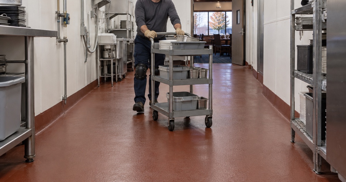 A seamless coved resin floor on the service side of a Chicago Ridge restaurant, ending in a clean line at the dining room carpet