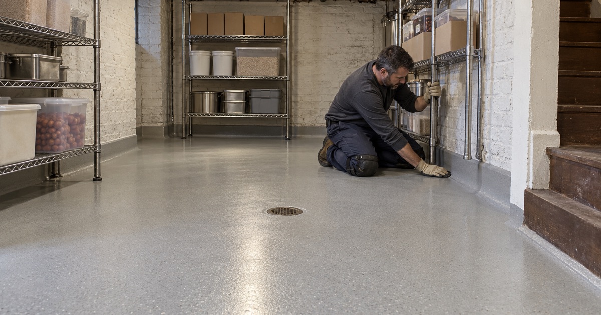 An impermeable, coved resin floor in the storeroom basement of an old Forest Park restaurant building, shelving standing clear on its legs.
