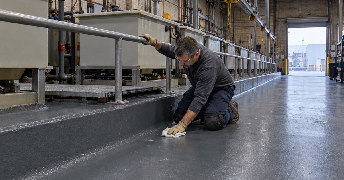 A seamless coved resin floor along an automatic barrel-plating line in Franklin Park, where drips under the hoist path stay visible.