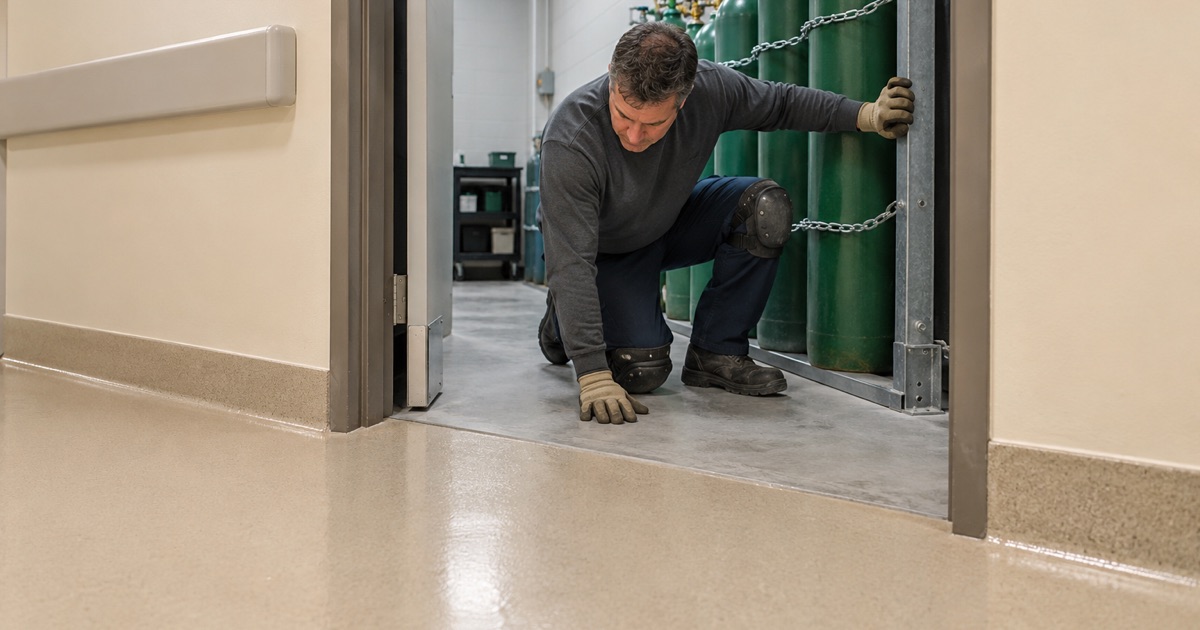 An oxygen transfill room in a Hinsdale nursing home left on sealed bare concrete, the corridor’s resin floor stopping cleanly at its door.