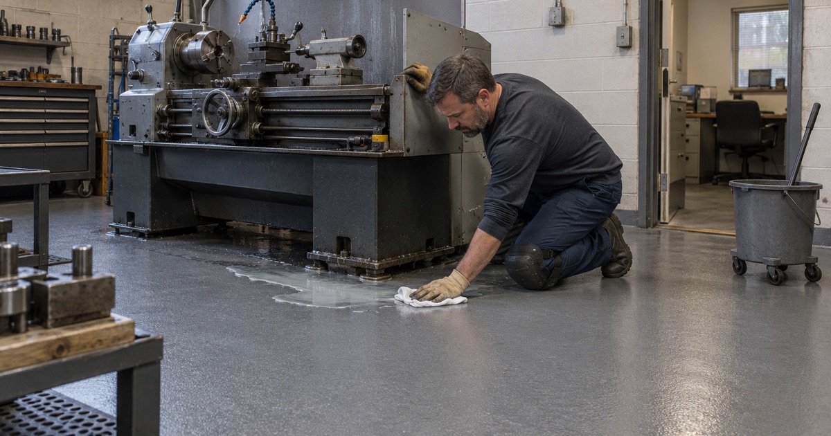 A textured topcoat around a lathe in a Justice machine shop, a coolant film being wiped up beside the splashguard.