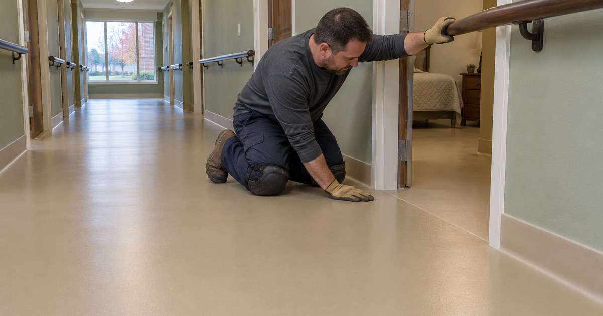 One continuous floor color running flush through every doorway of a La Grange memory care corridor, no contrasting strips