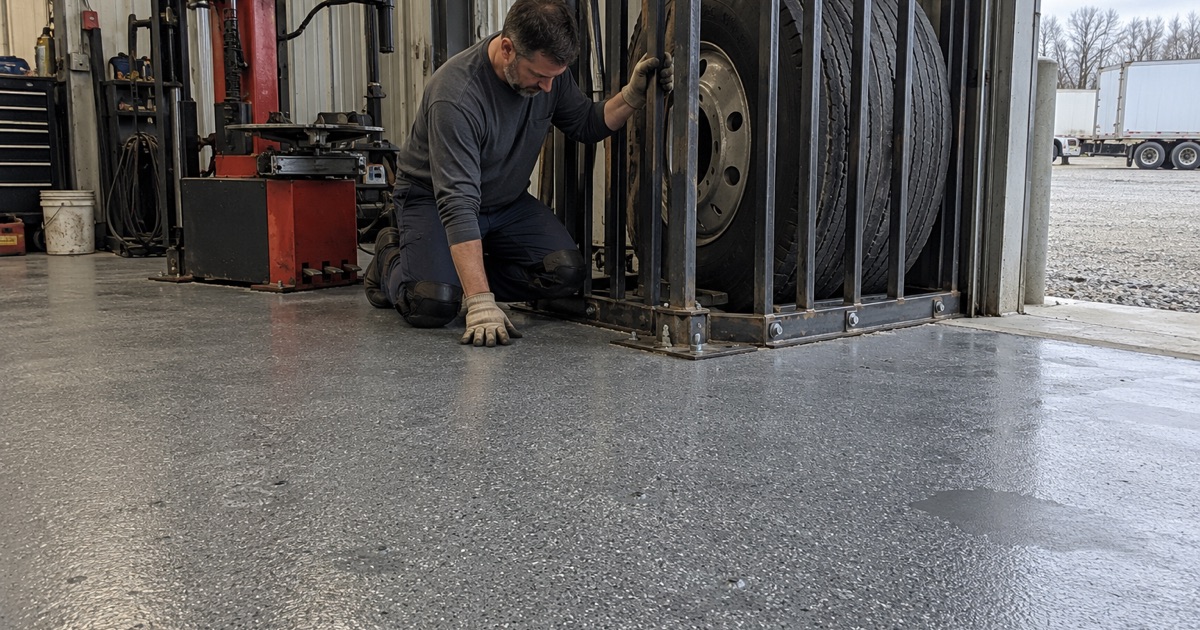 A truck tire standing in its steel restraining cage on a broadcast, repairable floor in a Lemont truck and trailer shop.
