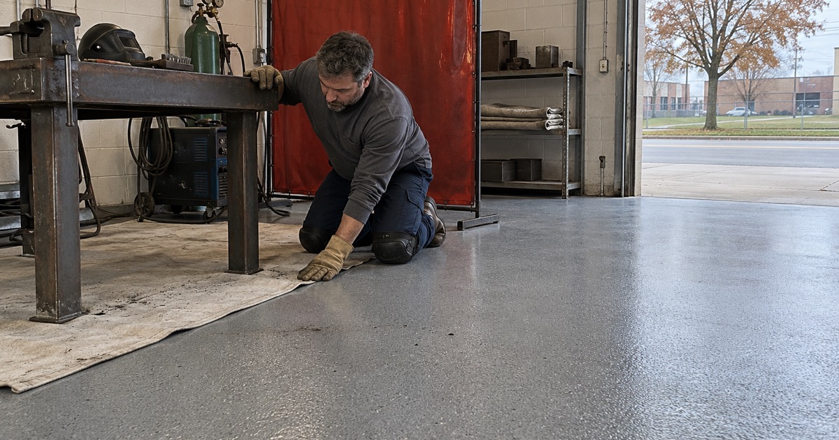 Fire-resistant welding blankets laid flat on a textured mid-gray floor under the welding table of a Lyons repair shop.