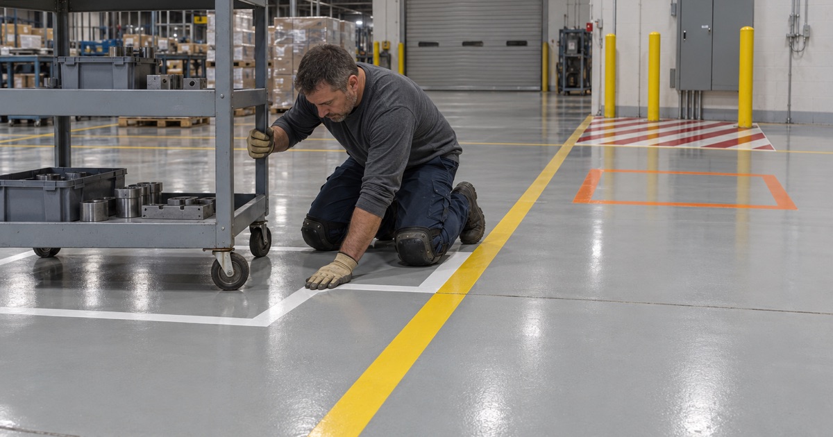 A 5S color code laid into the coated floor of a Northlake packaging plant: yellow aisles, white cart outlines and an orange hold square.