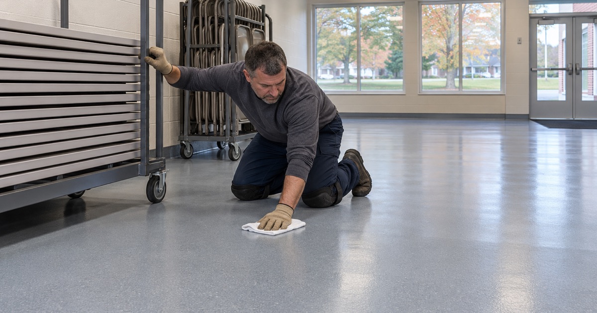 A smooth sealed floor in a Palos Hills training room, wiped clean between scenarios