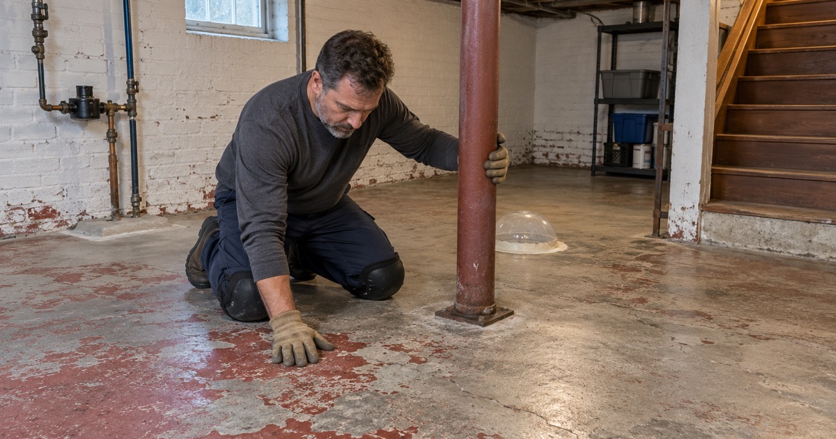 An older Schiller Park basement slab read for moisture under a taped dome before any new flooring is glued down