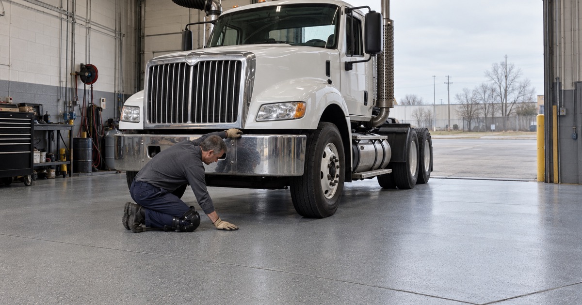 A truck shop floor in Summit where extraction hoses hang clear of the coating and regeneration happens outside on the apron.