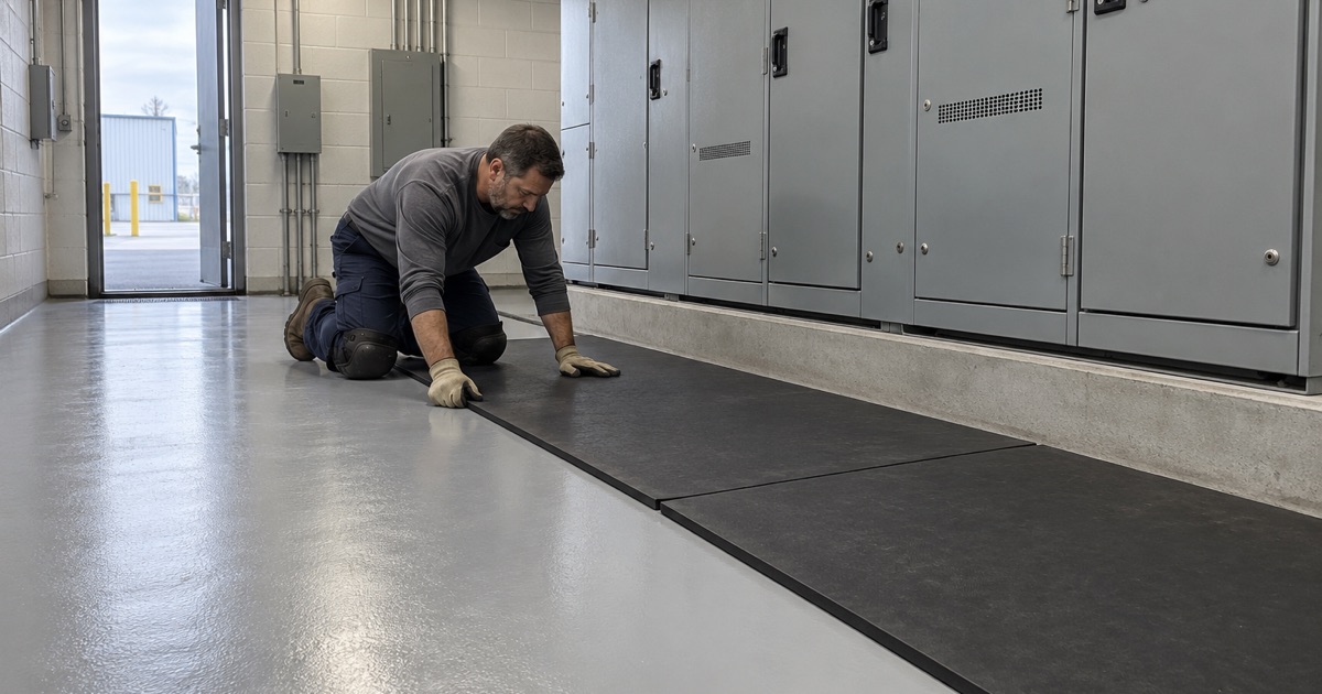 Black rubber insulating mats lying flat on a smooth, dry coated floor in front of switchgear in a Westchester electrical room.