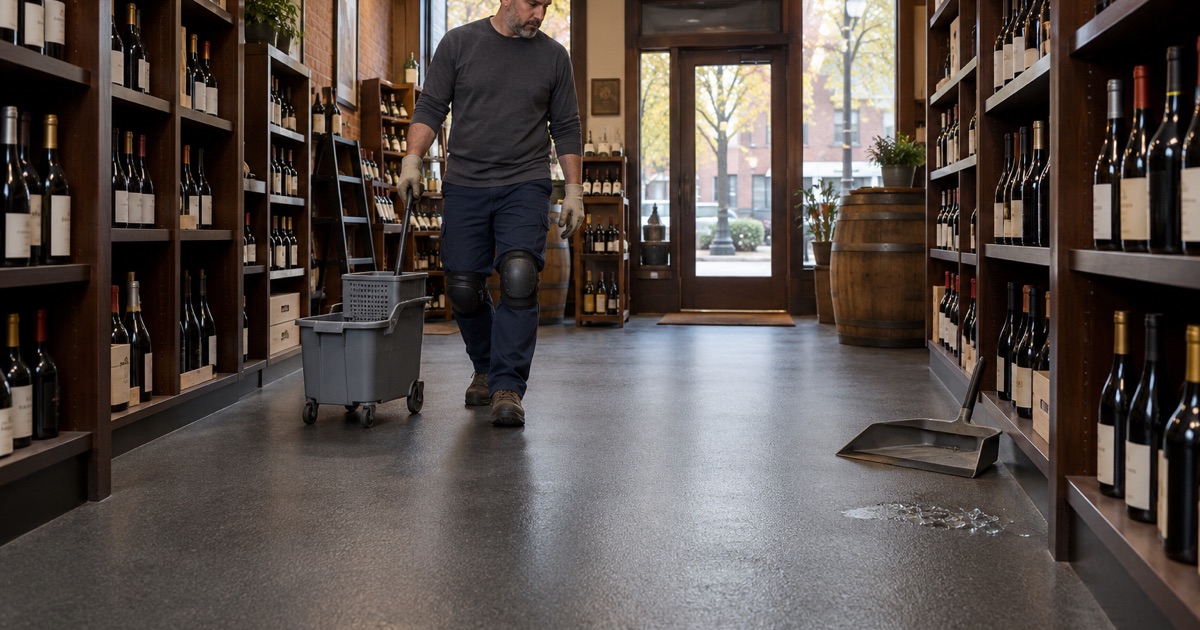 A finely textured, sweepable resin floor in the aisle of a Western Springs wine bottle shop.