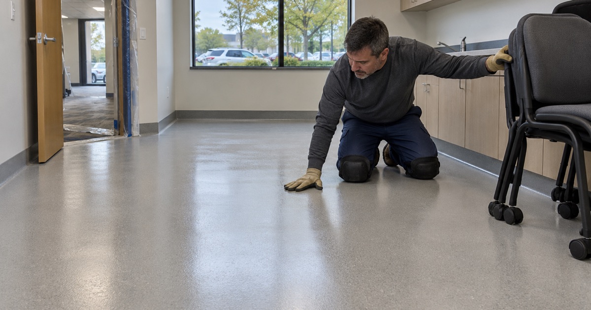 A renovated office room in Winfield on a new seamless floor, put down after the old tile was abated