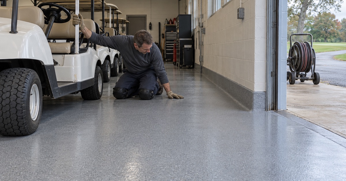 An impervious, continuous resin floor in a Winnetka golf maintenance building, cracks and joints sealed
