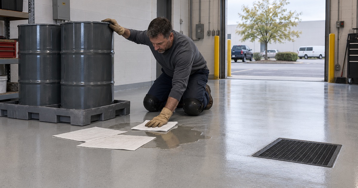 A spill of clear coolant absorbed off a light gray sealed floor in a Wood Dale service bay instead of being hosed toward the drain.