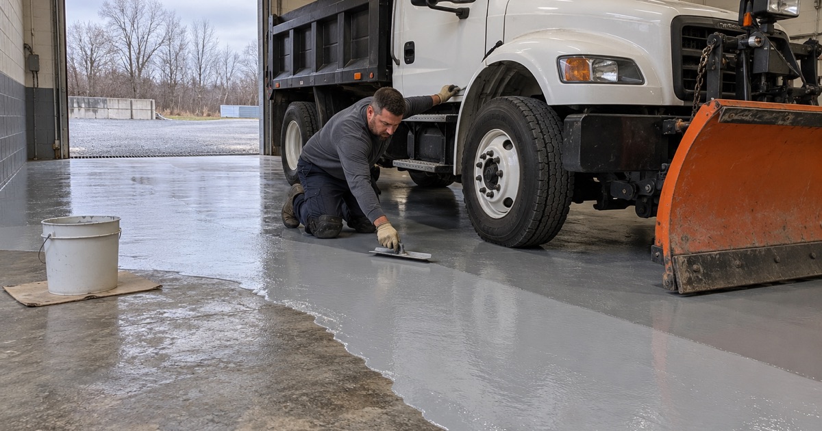 A floor coating being rolled out in a Worth public works garage bay, a plow truck parked on the finished half.