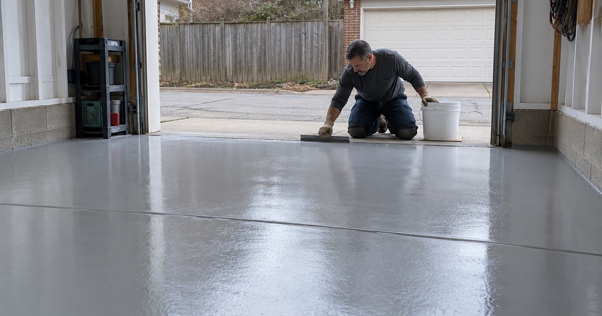 An epoxy base coat being cut in along the overhead door threshold of an Elmhurst brick bungalow’s detached garage.