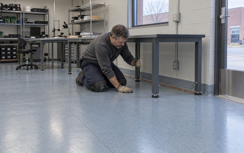 A static-dissipative floor under electronics assembly benches in a one-story industrial building in north Elmhurst.