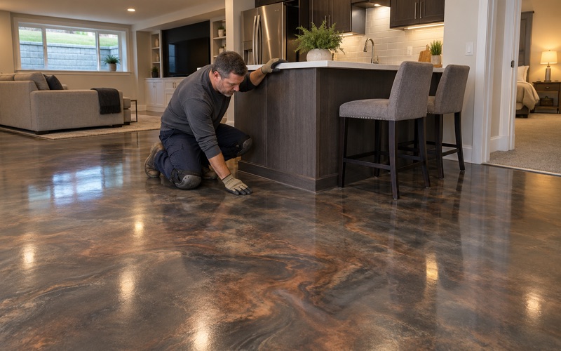 A charcoal and copper metallic epoxy floor around the kitchenette island of a finished basement in a newer Elmhurst home.