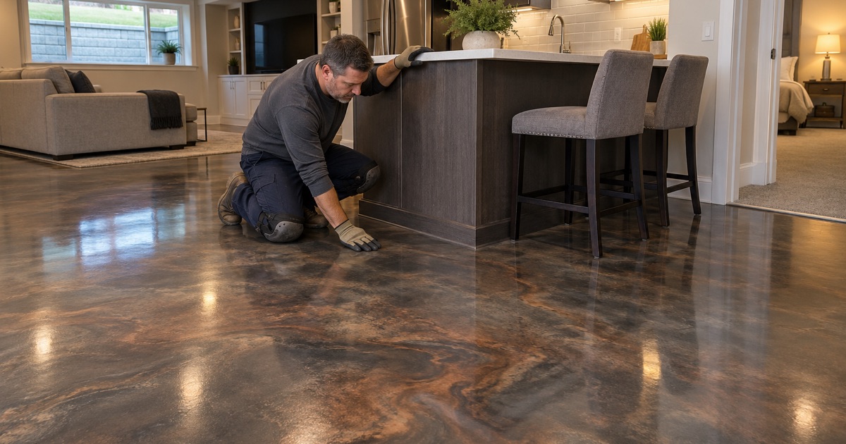 A charcoal and copper metallic epoxy floor around the kitchenette island of a finished basement in a newer Elmhurst home.