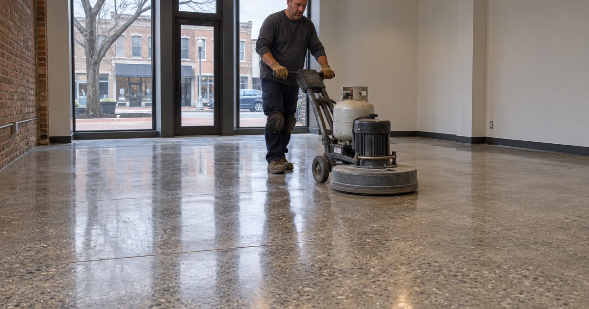 A burnished polished concrete floor in an emptied downtown Elmhurst storefront near the commuter rail station.