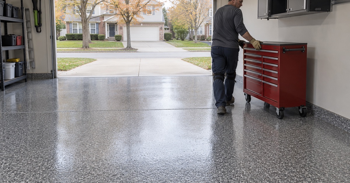 A rolling tool chest wheeled back onto a same-day polyaspartic flake floor in an Elmhurst two-story’s attached garage.